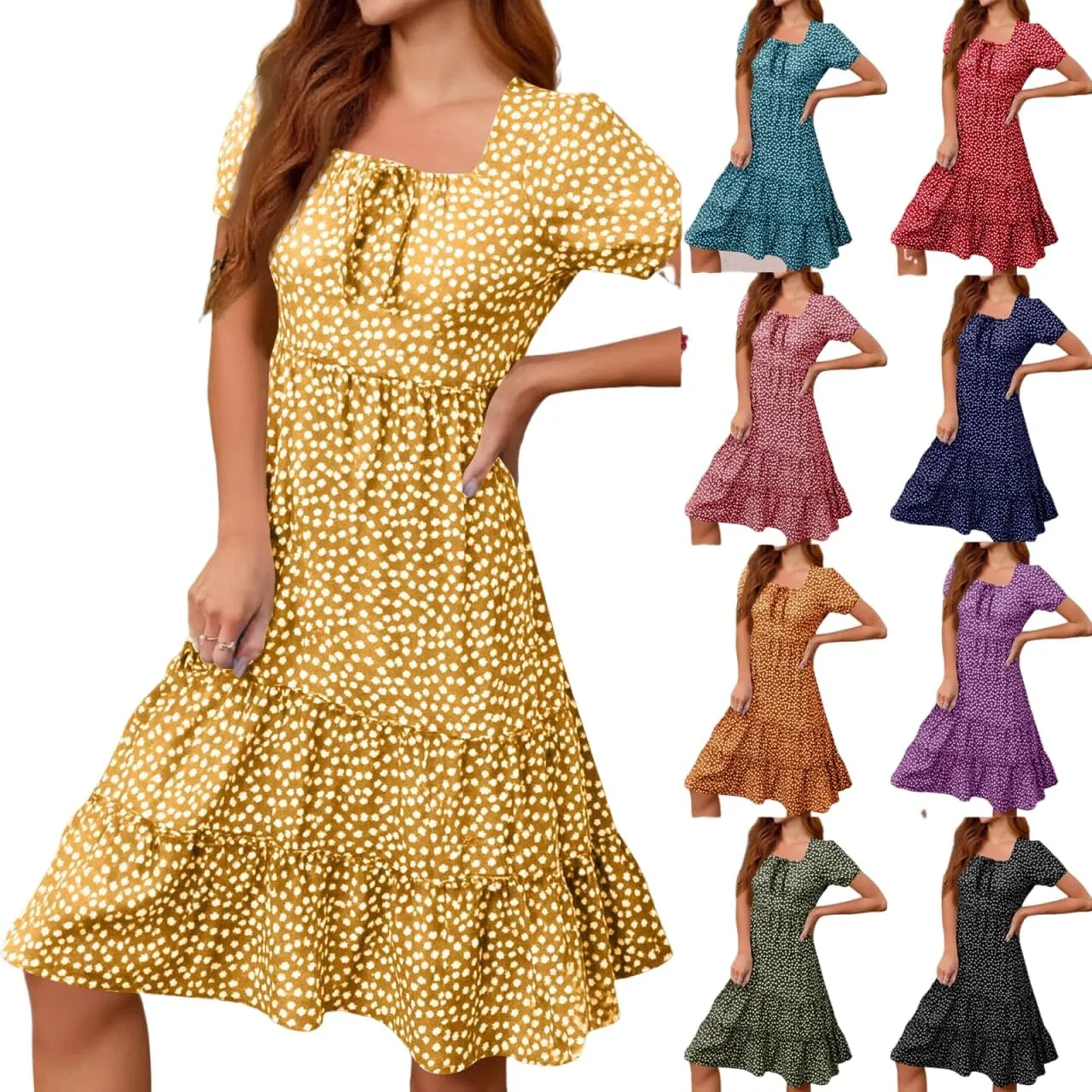Summer Dresses for Women 2025 Square Neck Tiered Casual Floral Short Sleeve A-Line Flowy Dress Beach Boho Sundress