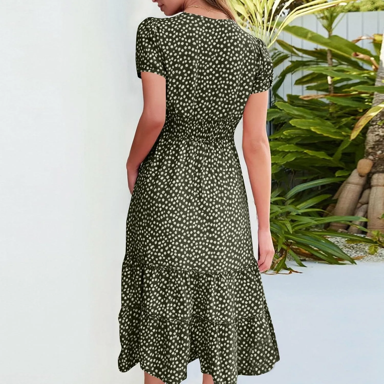 Summer Dresses for Women 2025 Square Neck Tiered Casual Floral Short Sleeve A-Line Flowy Dress Beach Boho Sundress
