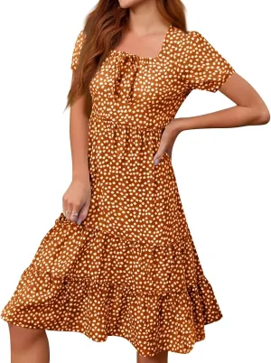 Summer Dresses for Women 2025 Square Neck Tiered Casual Floral Short Sleeve A-Line Flowy Dress Beach Boho Sundress