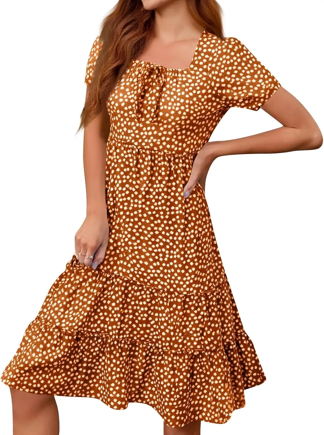 Summer Dresses for Women 2025 Square Neck Tiered Casual Floral Short Sleeve A-Line Flowy Dress Beach Boho Sundress