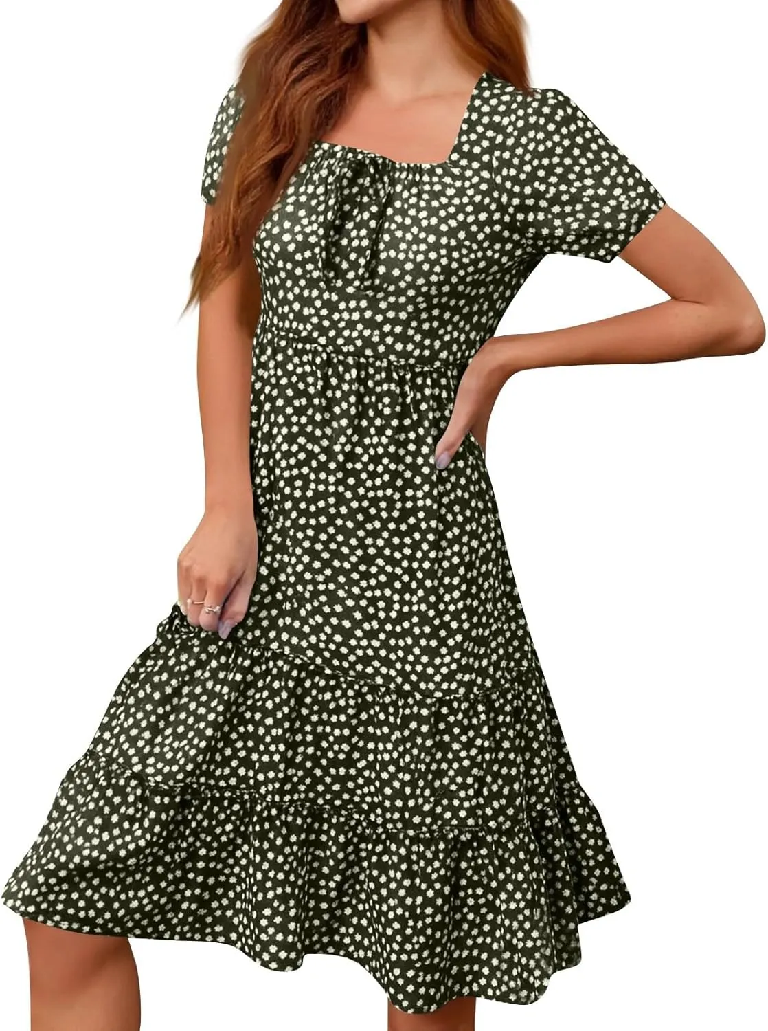 Summer Dresses for Women 2025 Square Neck Tiered Casual Floral Short Sleeve A-Line Flowy Dress Beach Boho Sundress