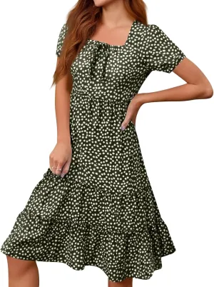 Summer Dresses for Women 2025 Square Neck Tiered Casual Floral Short Sleeve A-Line Flowy Dress Beach Boho Sundress