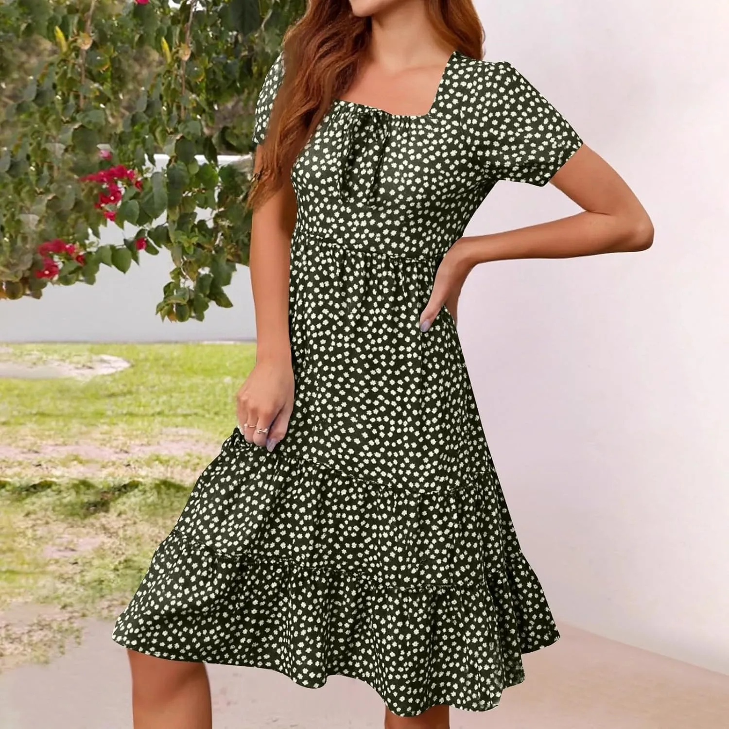 Summer Dresses for Women 2025 Square Neck Tiered Casual Floral Short Sleeve A-Line Flowy Dress Beach Boho Sundress