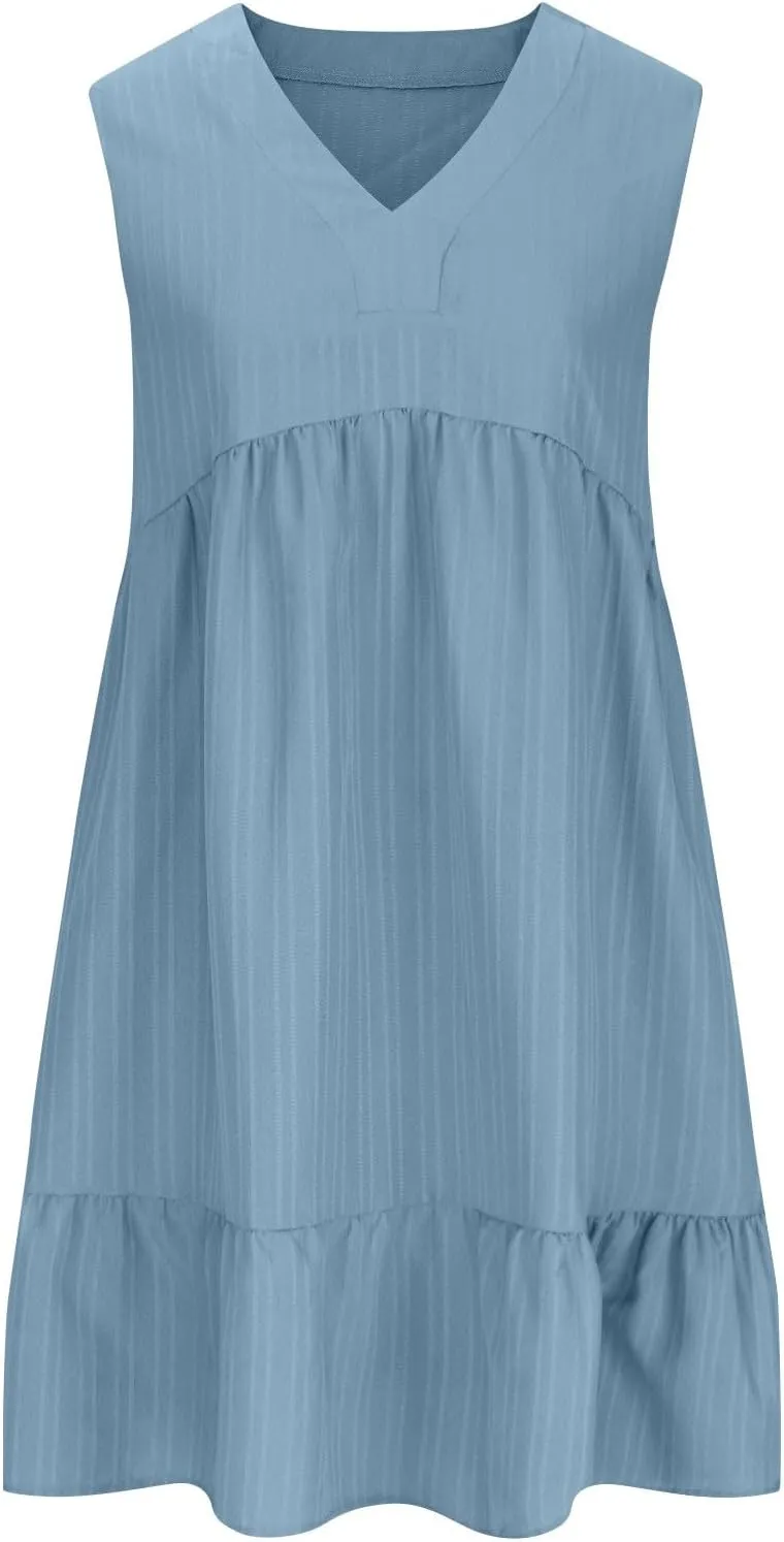 Summer Mini Dress for Women 2025 Pleated Ruffle Dresses Sleeveless V Neck Patchwork Sundress Beach Vacation Outfits