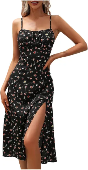 Sundresses for Women 2024 Sexy Boho Spaghetti Strap Polka Dot Tank Dress Flowy High Side Split Long Maxi Dresses