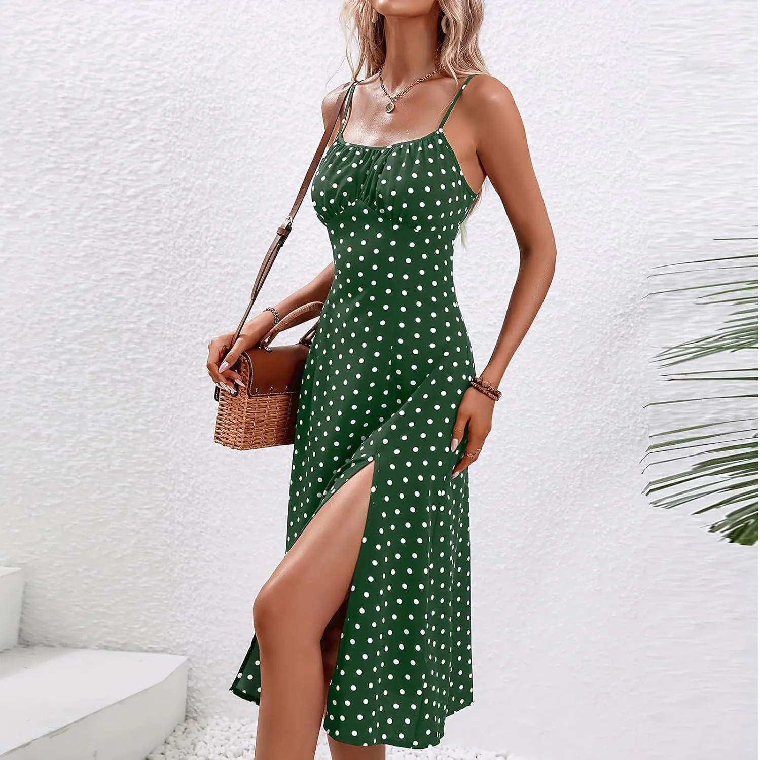 Sundresses for Women 2024 Sexy Boho Spaghetti Strap Polka Dot Tank Dress Flowy High Side Split Long Maxi Dresses