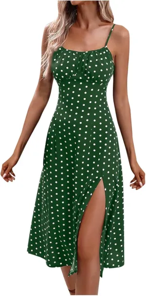 Sundresses for Women 2024 Sexy Boho Spaghetti Strap Polka Dot Tank Dress Flowy High Side Split Long Maxi Dresses