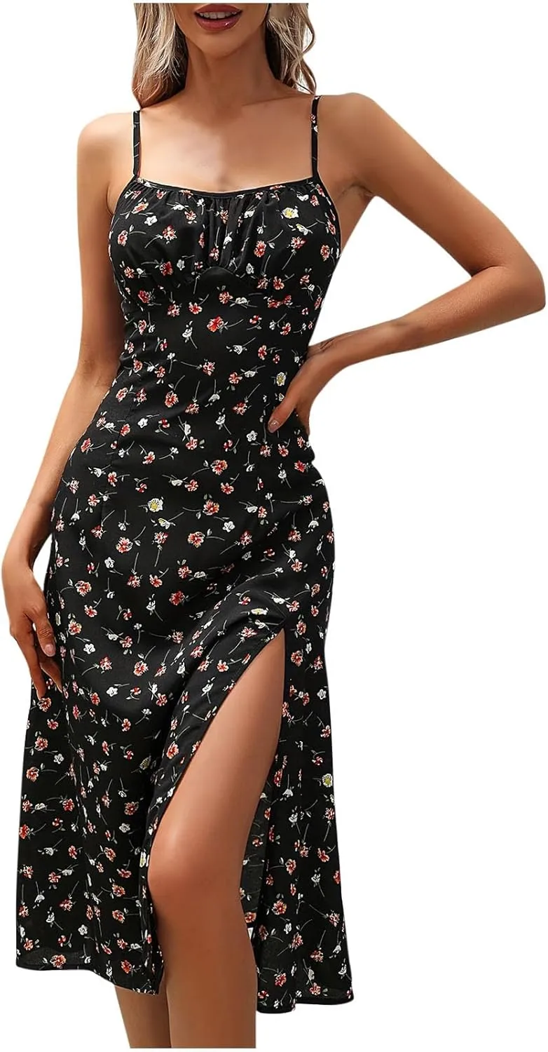 Sundresses for Women 2024 Sexy Boho Spaghetti Strap Polka Dot Tank Dress Flowy High Side Split Long Maxi Dresses