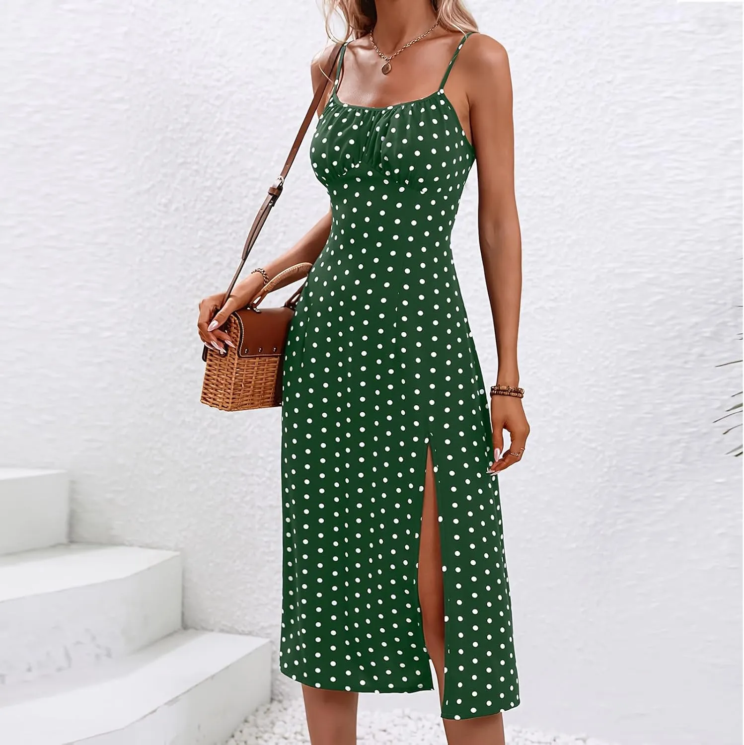 Sundresses for Women 2024 Sexy Boho Spaghetti Strap Polka Dot Tank Dress Flowy High Side Split Long Maxi Dresses