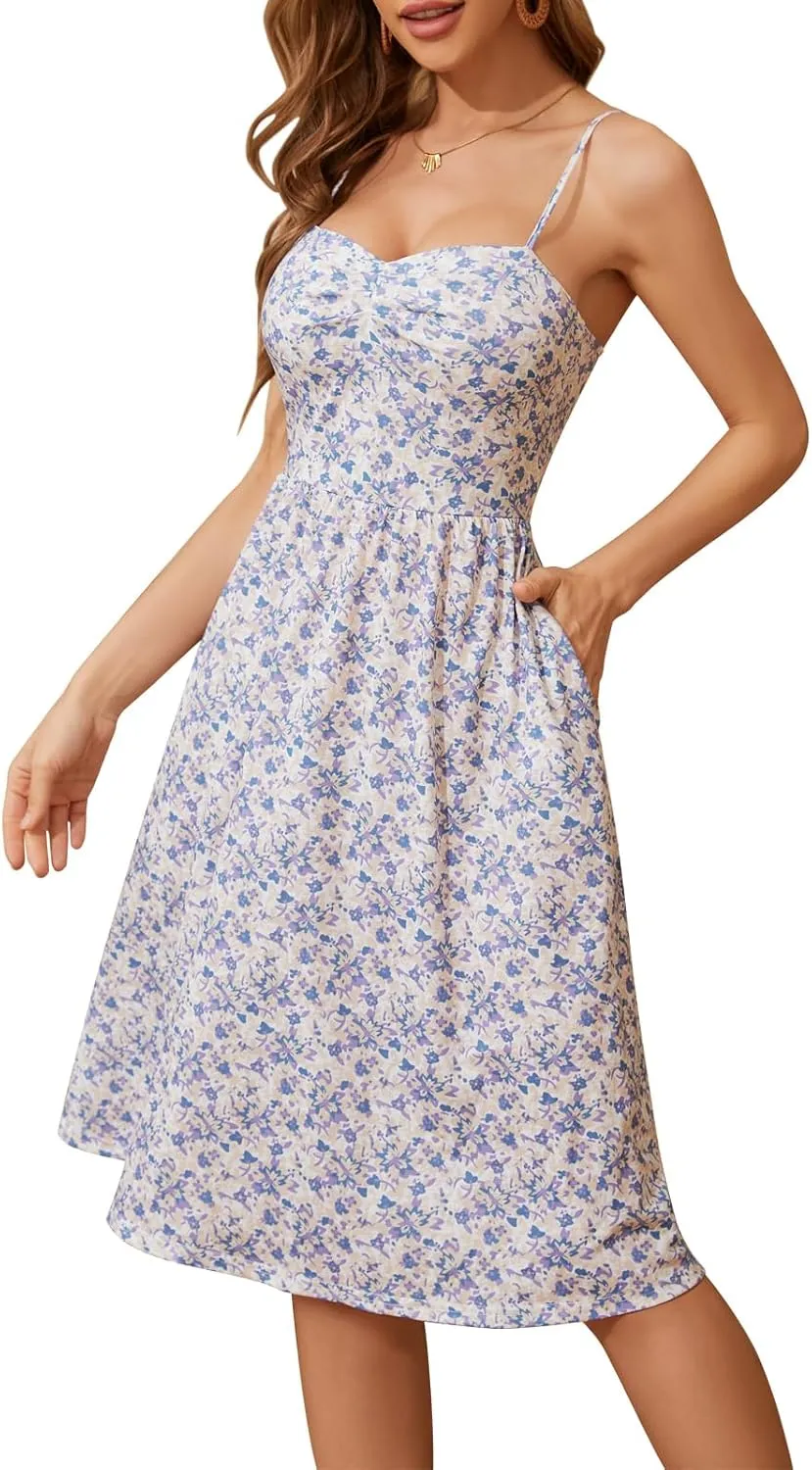 Sureple Summer Dresses for Women 2025 Casual Sweetheart-Neck Empire Waist Swing Aline Spaghetti Strap Dress with Pockets