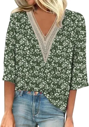 Three Quarter Sleeve Tops Woman Lace Trim V Neck Crochet Tops Boho Hawaiian Shirt, Small-5X-Large