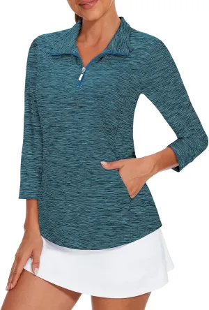 Viracy 3/4 Sleeve Womens Golf Shirts Quick Dry Quarter Zip Workout Tennis Polo Tops with Pocket