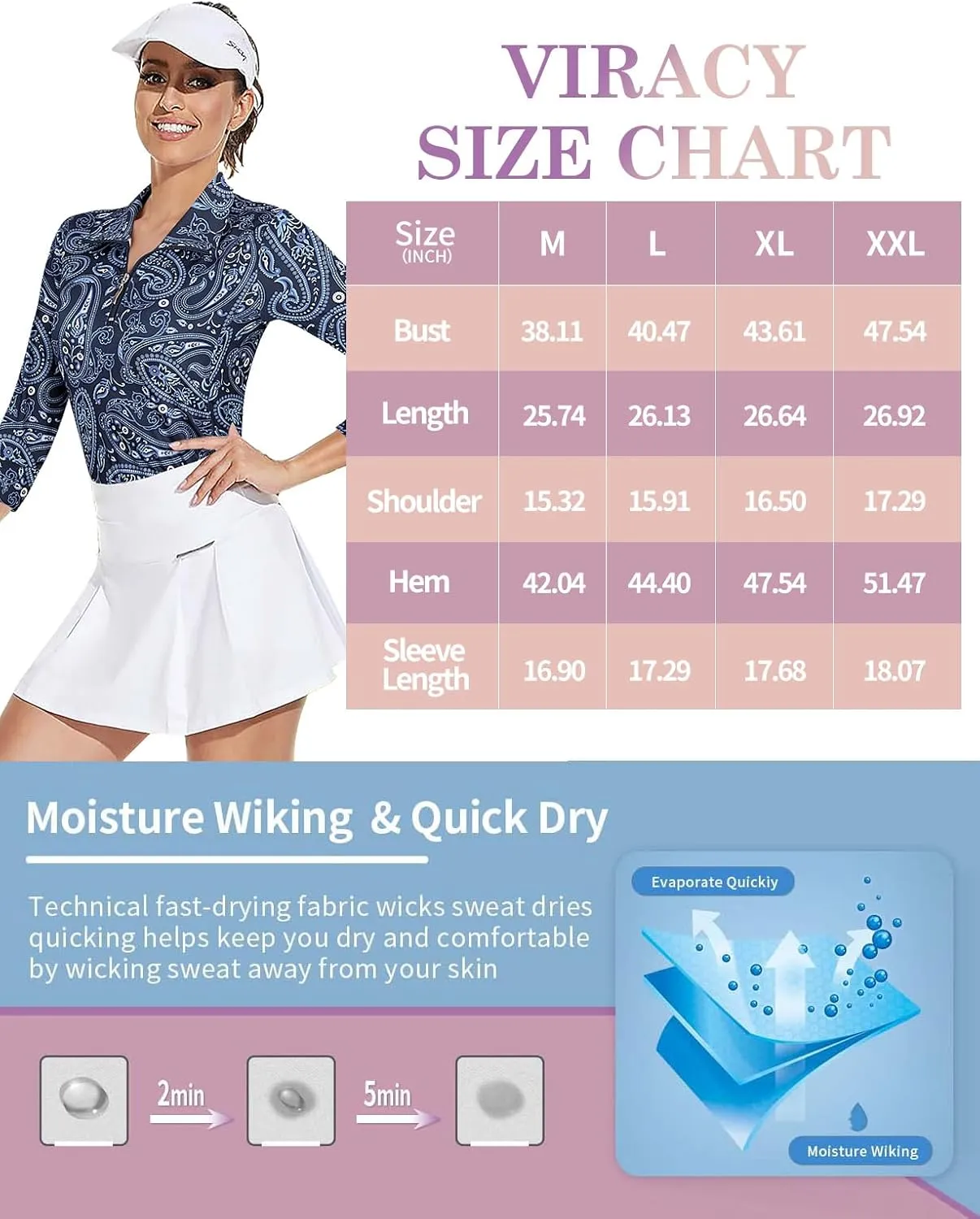 Viracy 3/4 Sleeve Womens Golf Shirts Quick Dry Quarter Zip Workout Tennis Polo Tops with Pocket