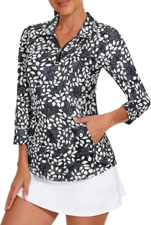 Viracy 3/4 Sleeve Womens Golf Shirts Quick Dry Quarter Zip Workout Tennis Polo Tops with Pocket