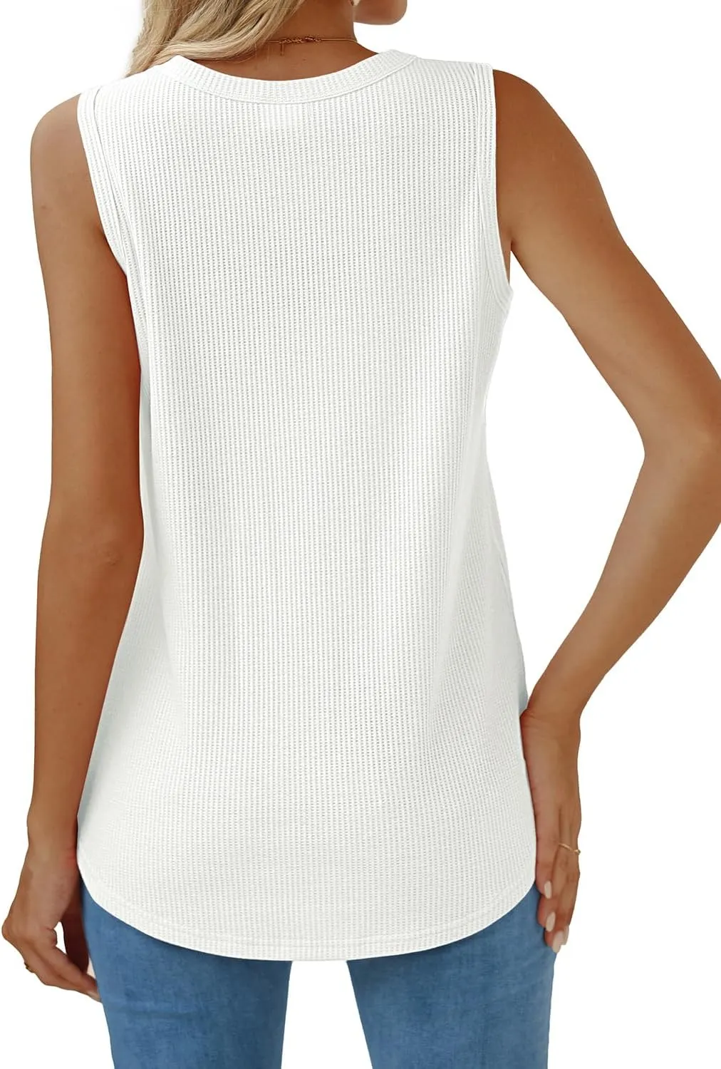 WIHOLL Crewneck Soft Waffle Knit Tank Top Women Loose Fit Curved Hem Cotton Beach Tops Trendy