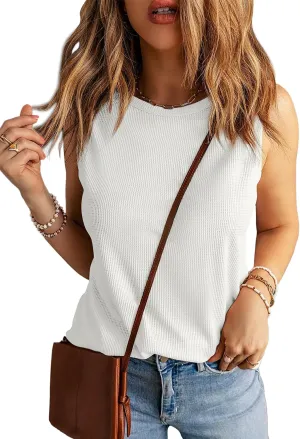 WIHOLL Crewneck Soft Waffle Knit Tank Top Women Loose Fit Curved Hem Cotton Beach Tops Trendy