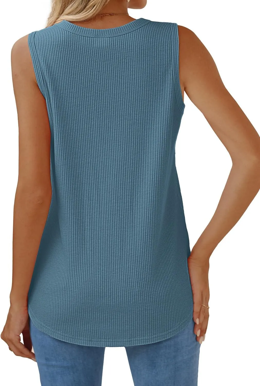 WIHOLL Crewneck Soft Waffle Knit Tank Top Women Loose Fit Curved Hem Cotton Beach Tops Trendy
