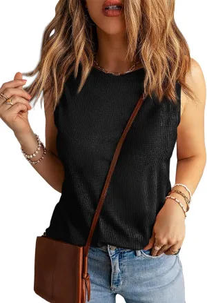 WIHOLL Crewneck Soft Waffle Knit Tank Top Women Loose Fit Curved Hem Cotton Beach Tops Trendy