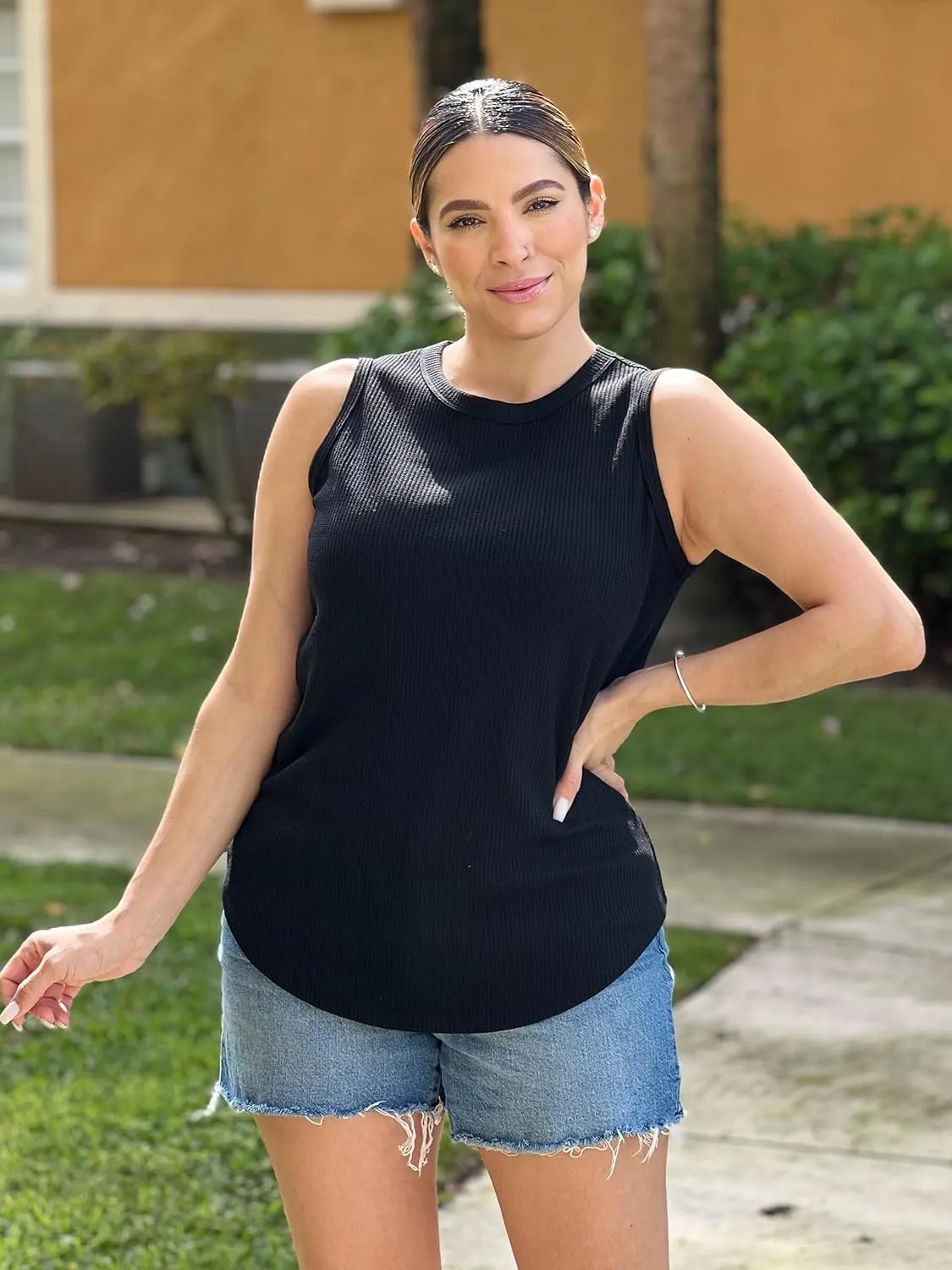 WIHOLL Crewneck Soft Waffle Knit Tank Top Women Loose Fit Curved Hem Cotton Beach Tops Trendy