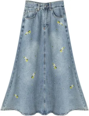 Women Casual Floral Embroider Cowboy Skirt Vintage High Waisted Mid Length Fishtail Skirts