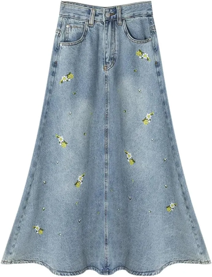 Women Casual Floral Embroider Cowboy Skirt Vintage High Waisted Mid Length Fishtail Skirts