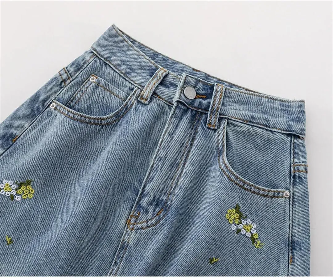 Women Casual Floral Embroider Cowboy Skirt Vintage High Waisted Mid Length Fishtail Skirts