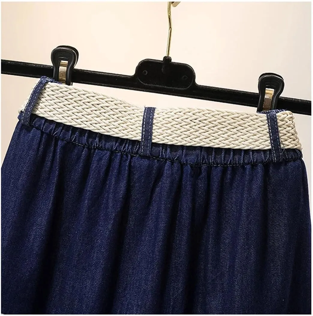 Women Casual High Waist Denim Midi Long Skirt Loose Elastic Waist A-Line Skirts