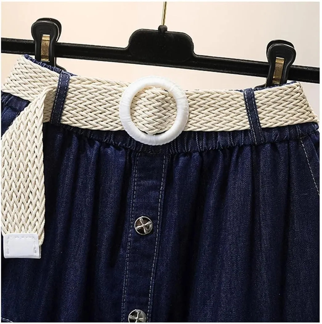Women Casual High Waist Denim Midi Long Skirt Loose Elastic Waist A-Line Skirts