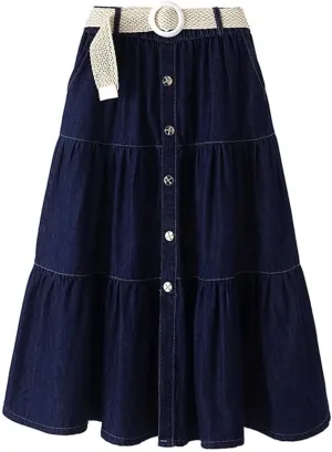 Women Casual High Waist Denim Midi Long Skirt Loose Elastic Waist A-Line Skirts