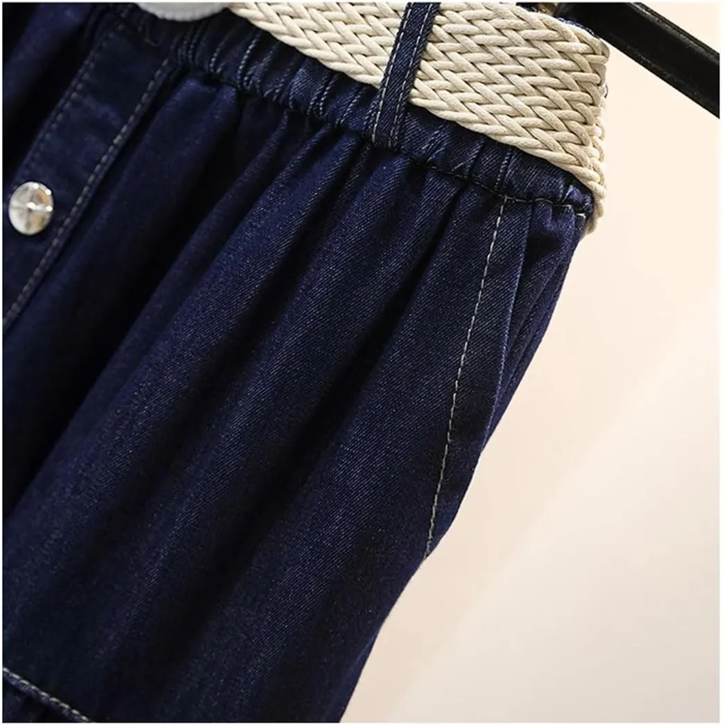 Women Casual High Waist Denim Midi Long Skirt Loose Elastic Waist A-Line Skirts
