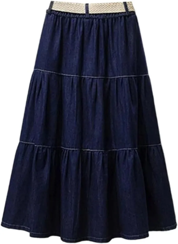 Women Casual High Waist Denim Midi Long Skirt Loose Elastic Waist A-Line Skirts