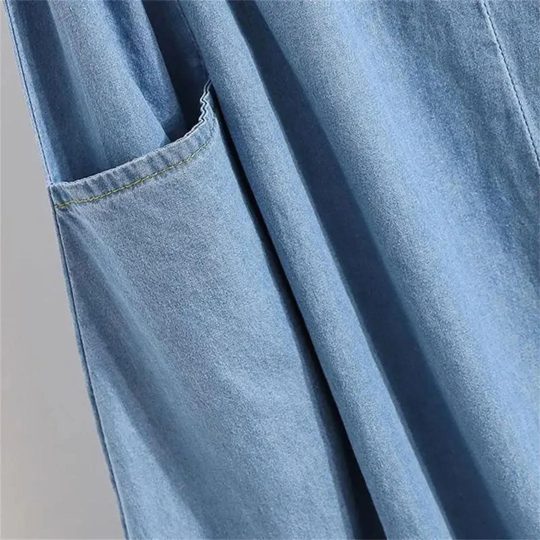 Women Casual Loose A-Line Denim Skirt High Waist Elastic Pockets Spliced Midi Skirts