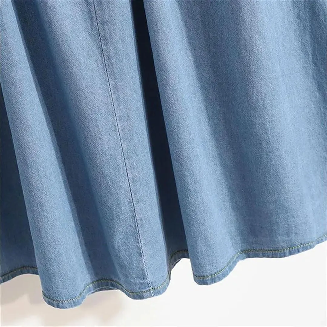 Women Casual Loose A-Line Denim Skirt High Waist Elastic Pockets Spliced Midi Skirts