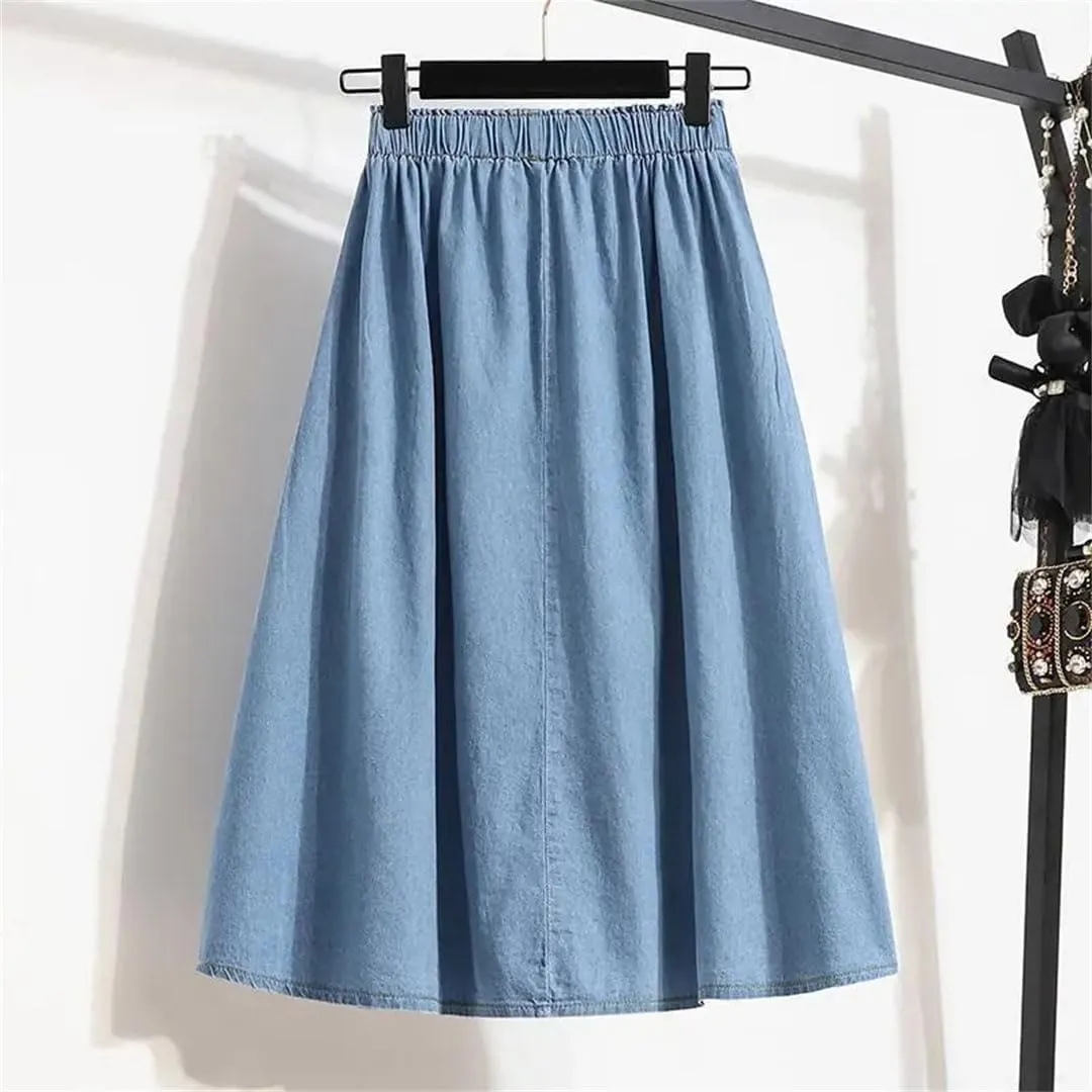 Women Casual Loose A-Line Denim Skirt High Waist Elastic Pockets Spliced Midi Skirts