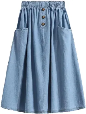 Women Casual Loose A-Line Denim Skirt High Waist Elastic Pockets Spliced Midi Skirts