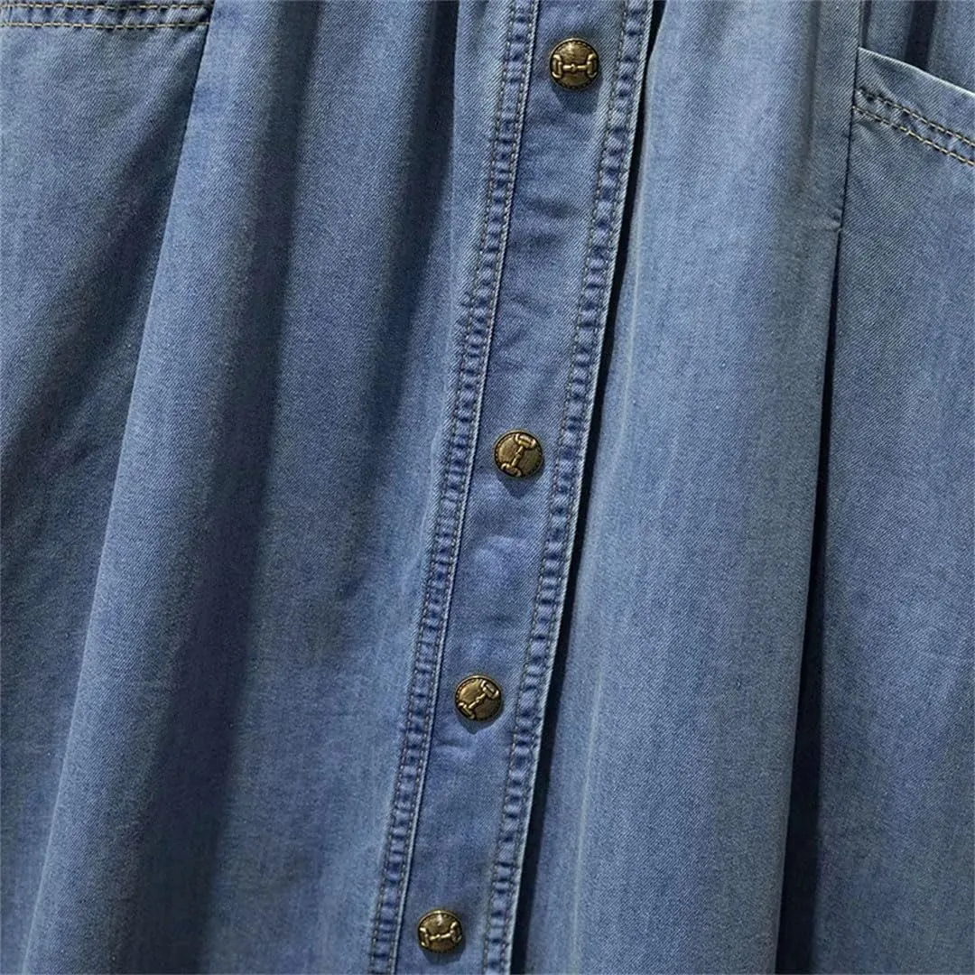 Women High Waist Slim Buttons Split Long Skirt Loose A-Line Midskirts Denim Skirts