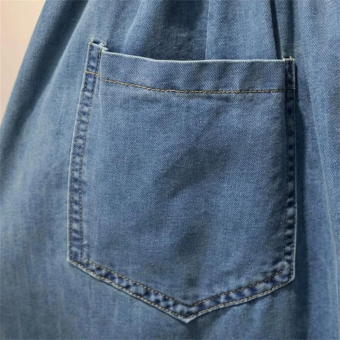 Women High Waist Slim Buttons Split Long Skirt Loose A-Line Midskirts Denim Skirts