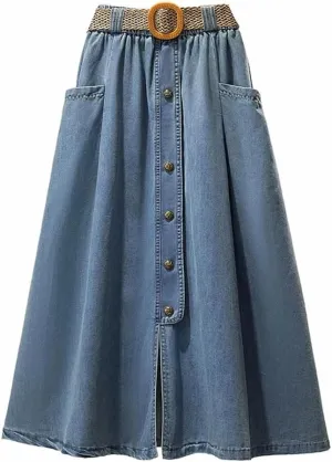 Women High Waist Slim Buttons Split Long Skirt Loose A-Line Midskirts Denim Skirts