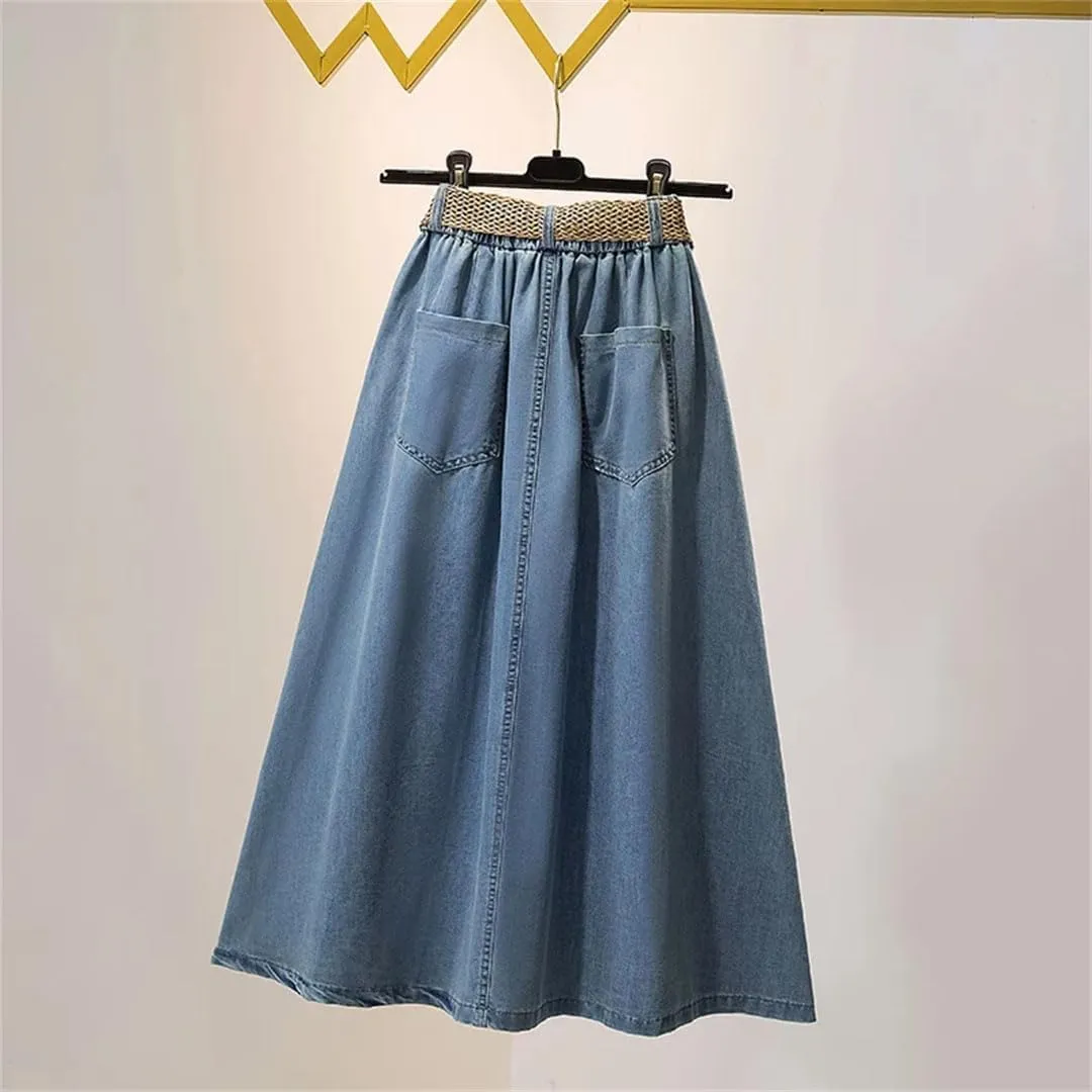 Women High Waist Slim Buttons Split Long Skirt Loose A-Line Midskirts Denim Skirts