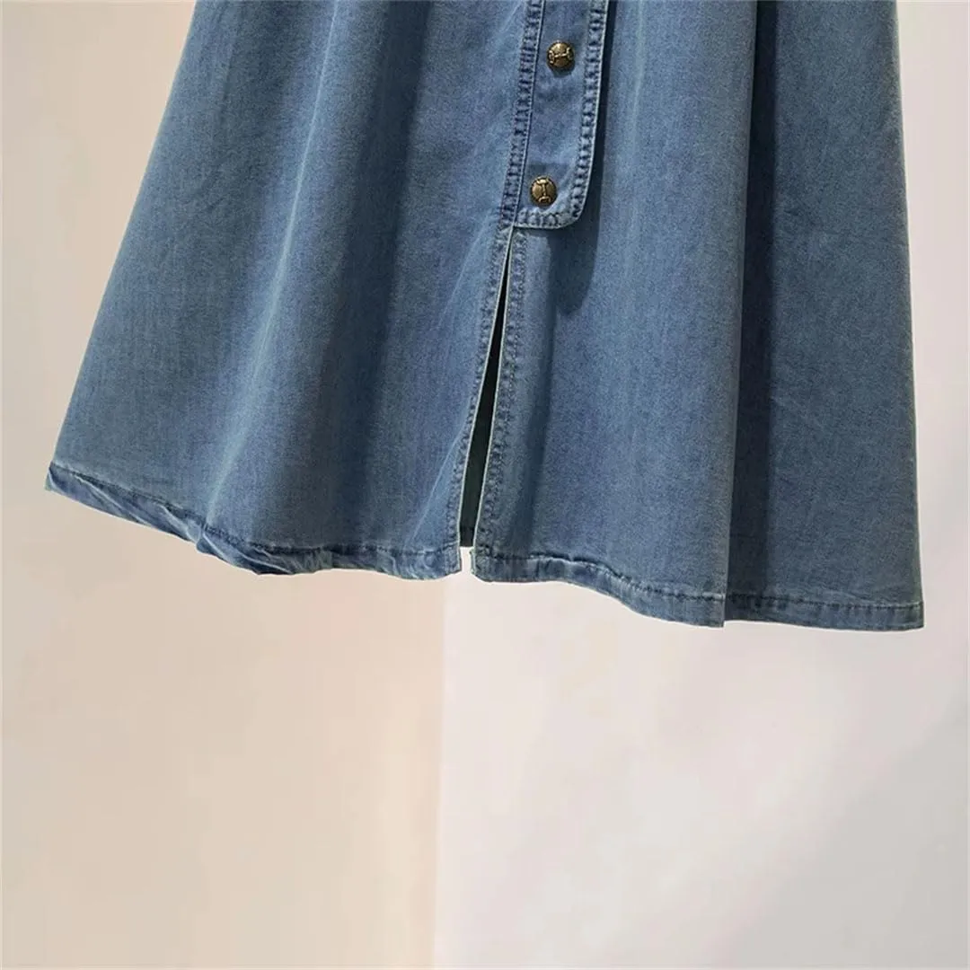 Women High Waist Slim Buttons Split Long Skirt Loose A-Line Midskirts Denim Skirts