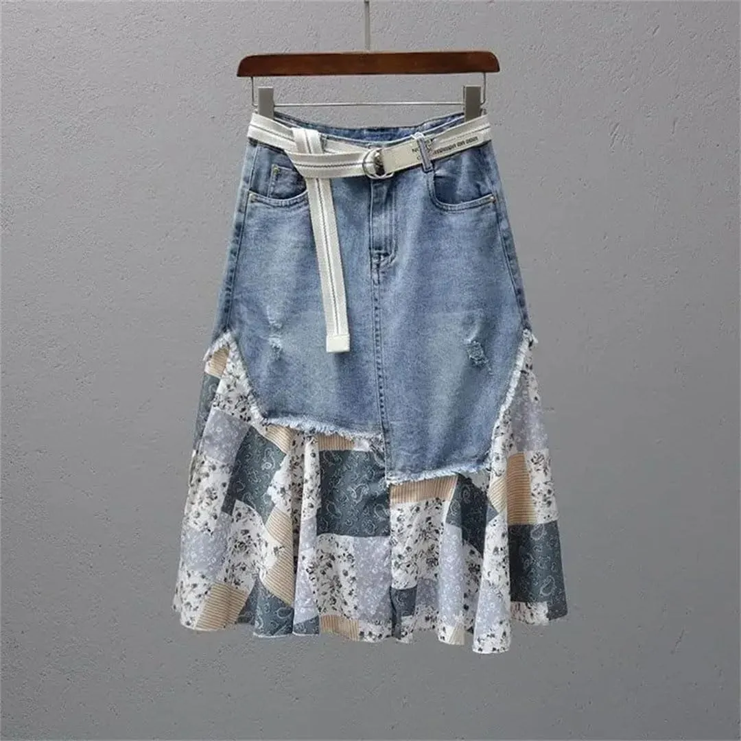 Women Patchwork Print High Denim Skirt Casual Withpocket Jeans Midi Skirts
