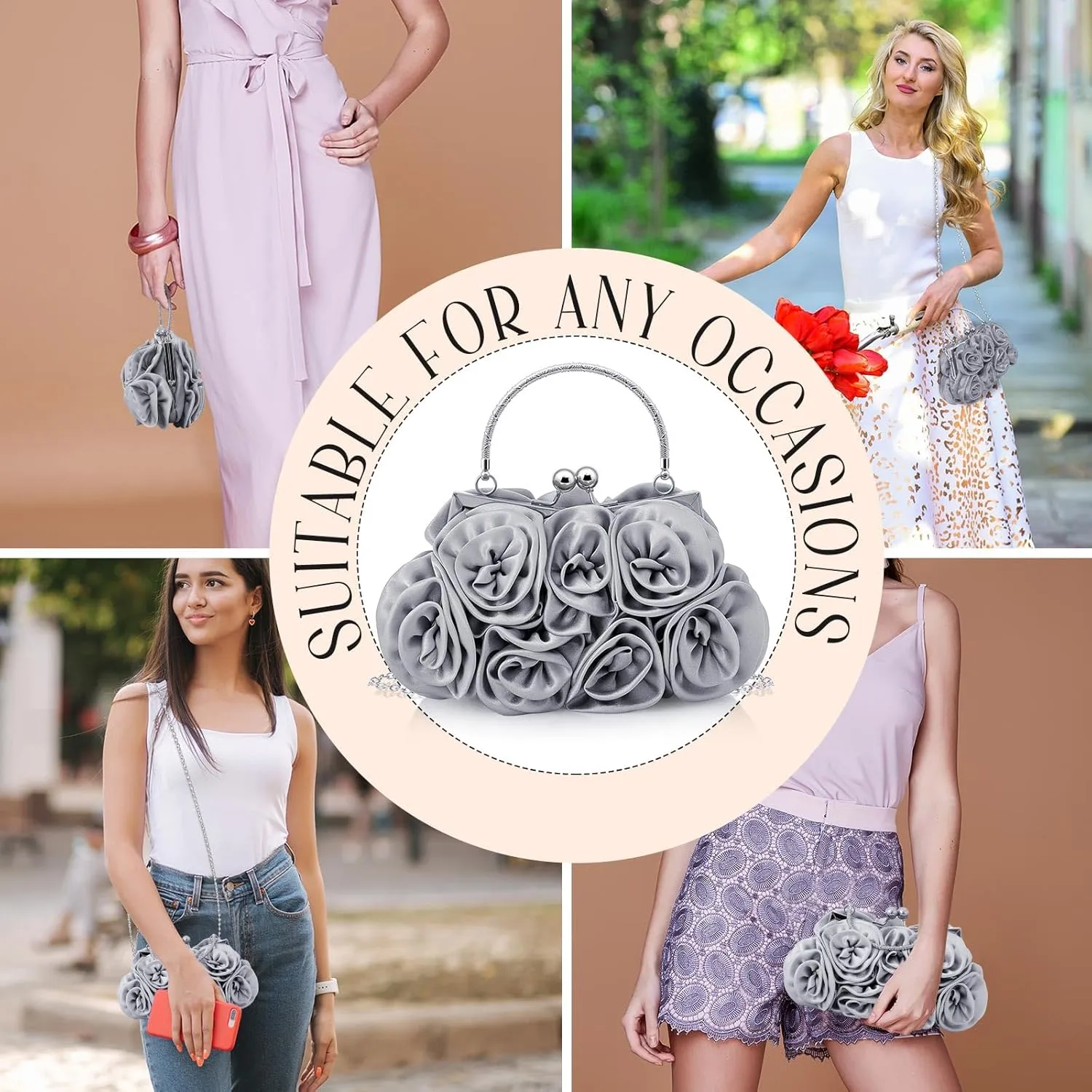 Women Roses Clutch Purse Small Floral Evening Handbag with Detachable Strap Wedding Gift for Girl Mom
