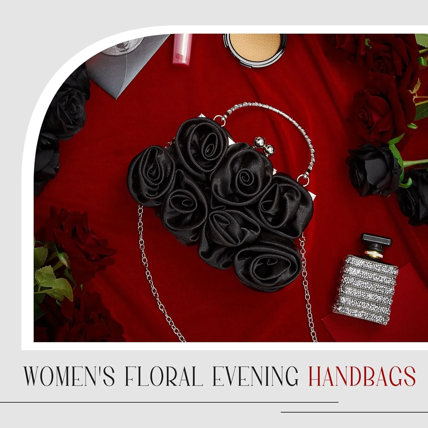 Women Roses Clutch Purse Small Floral Evening Handbag with Detachable Strap Wedding Gift for Girl Mom