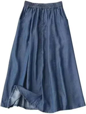 Women Solid High Waist Denim Midi Skirt with Pockets Loose A-Line Skirts