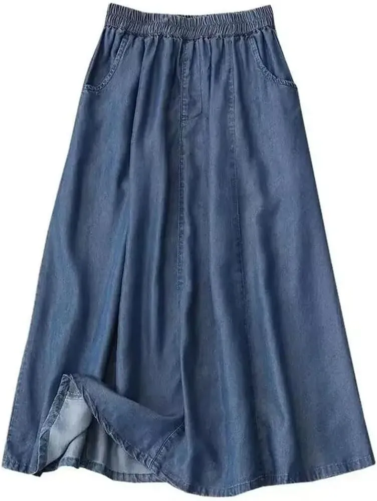 Women Solid High Waist Denim Midi Skirt with Pockets Loose A-Line Skirts