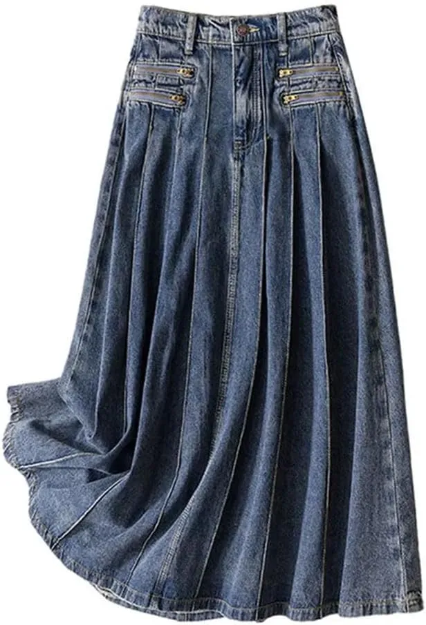 Women Vintage Pleated Midi Denim Skirt Casual High Waisted Slim A-Line Skirts