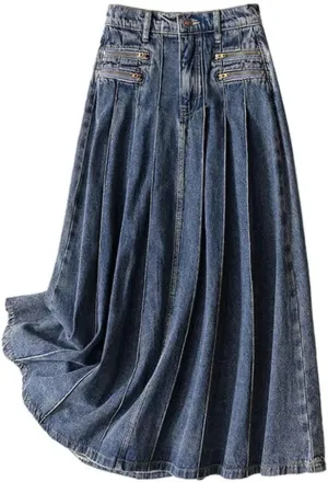 Women Vintage Pleated Midi Denim Skirt Casual High Waisted Slim A-Line Skirts
