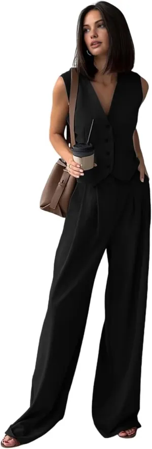 Women's 2 Piece Outfits Button Front Waistcoat Sleeveless V Neck Vest and Pants