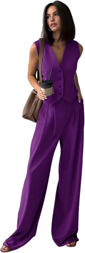Women's 2 Piece Outfits Button Front Waistcoat Sleeveless V Neck Vest and Pants