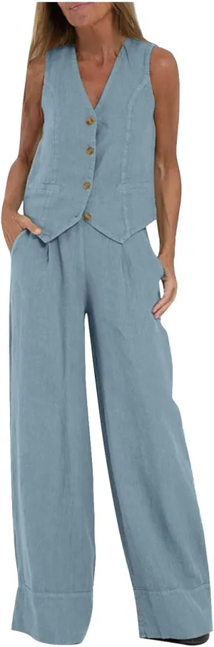 Womens Blazer Set Sleeveless V Neck Vest Tops Waistcoat and Cotton Linen Pants 2 Piece Vest Suit Casual Matching Set